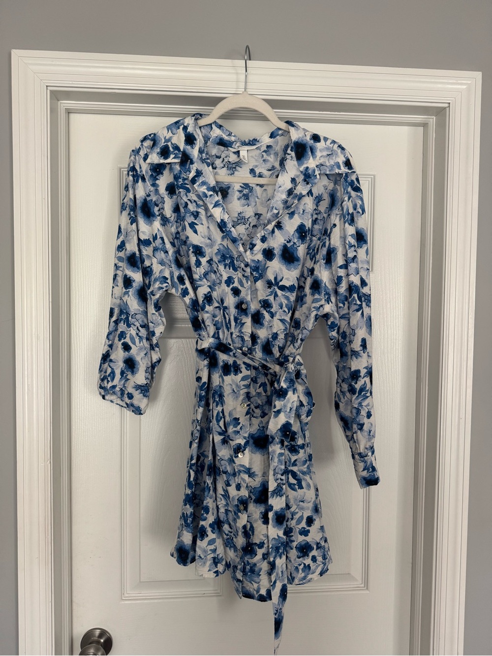 Blue Floral Button-Front Dress with Waist Tie